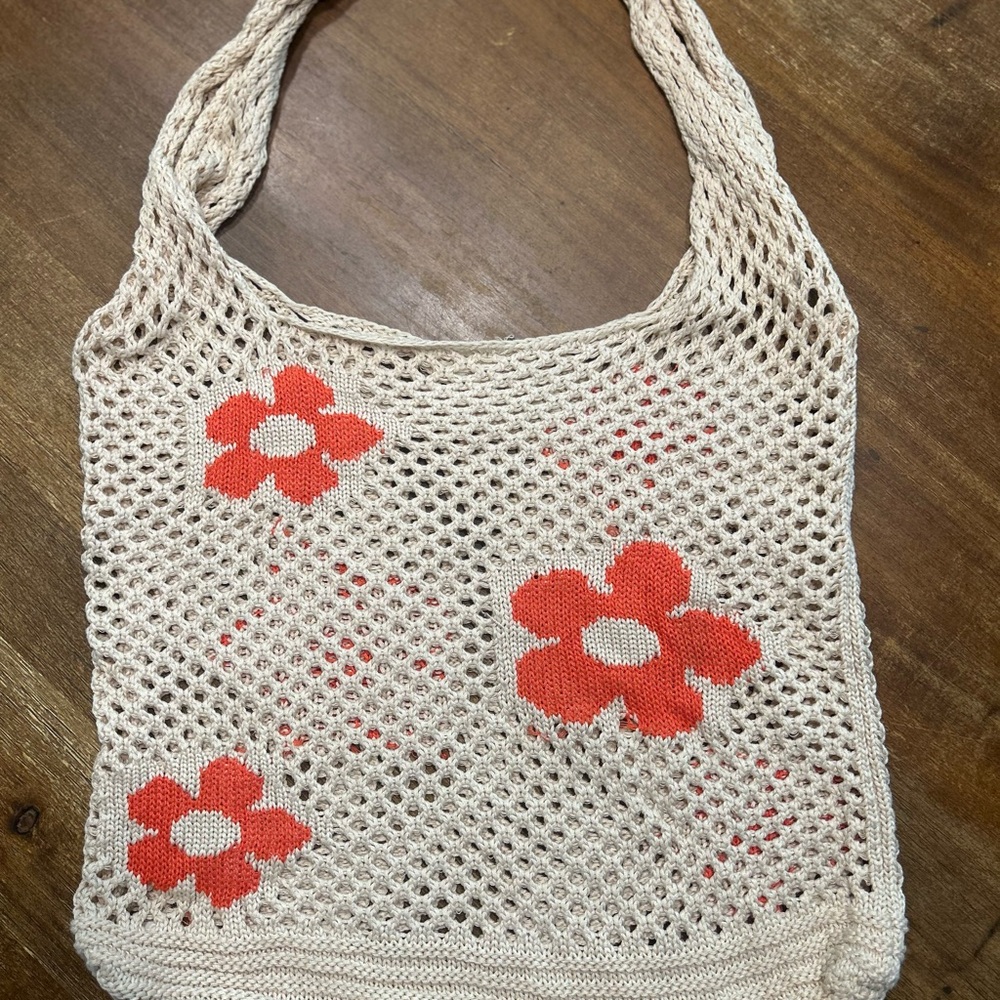 Handcrafted Cream and Orange Floral Mesh Bag
